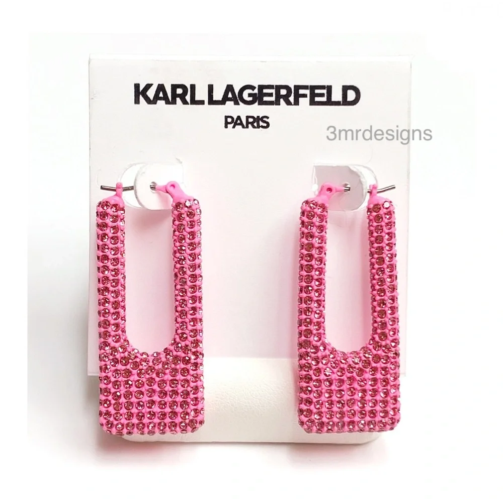 NWT KARL LAGERFELD Pink Color-Coated Glass Crystal Square Hoop Earrings - Picture 3 of 7